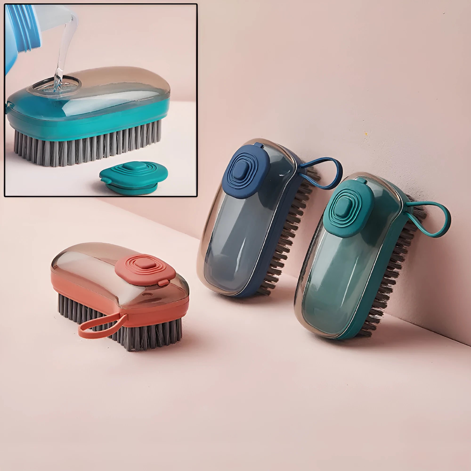 Blue automatic liquid cleaning brush with ergonomic grip for shoes and laundry on a white background.