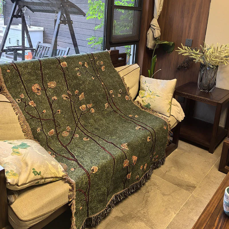 Green plum blossom woven polyester sofa cover, 130 x 160cm including tassel, New Chinese style