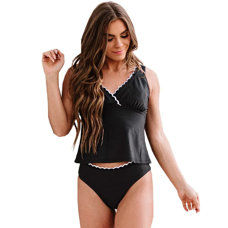 Black women's split swimsuit bikini set made from nylon fabric