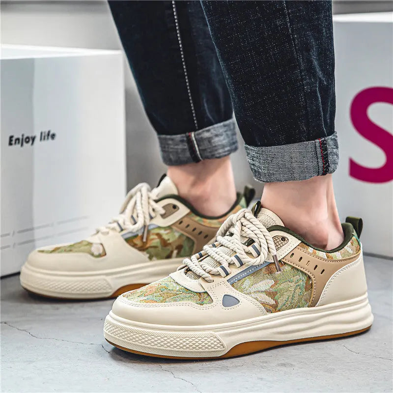 Canvas casual shoes in Milan green and beige colours with flat heel and round toe design