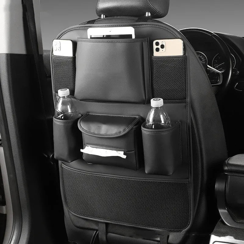 Leather car seat back storage bag in black, grey, green, and brown colour options