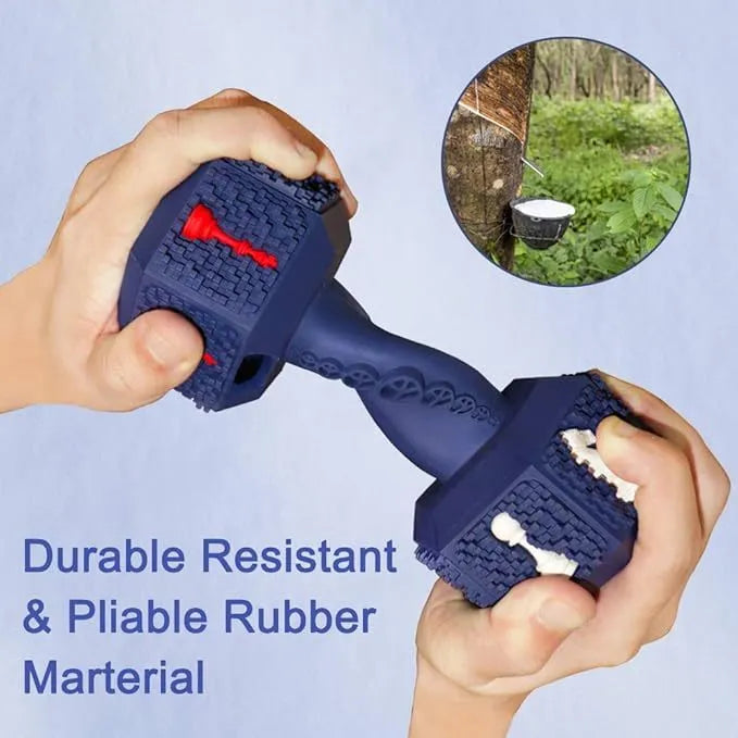 Natural rubber dog chew toy in dumbbell shape with hollow ends and textured surface