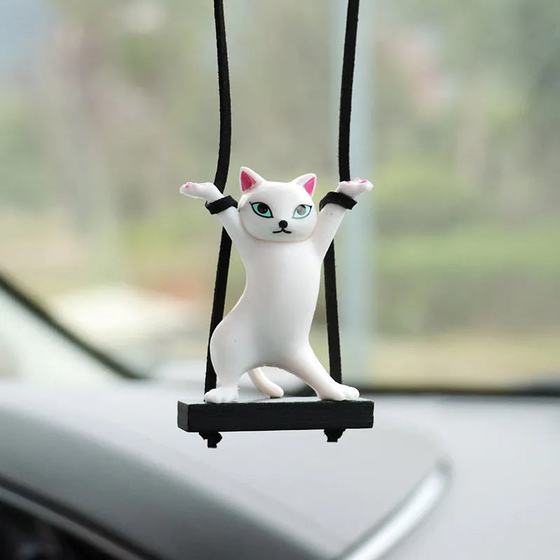 Cartoon-style resin cat pendant for car interior with adjustable rope in multiple colour options