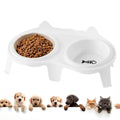 Blue ceramic tilted cat food and water bowls on a white ABS stand with a hook for a water bottle.