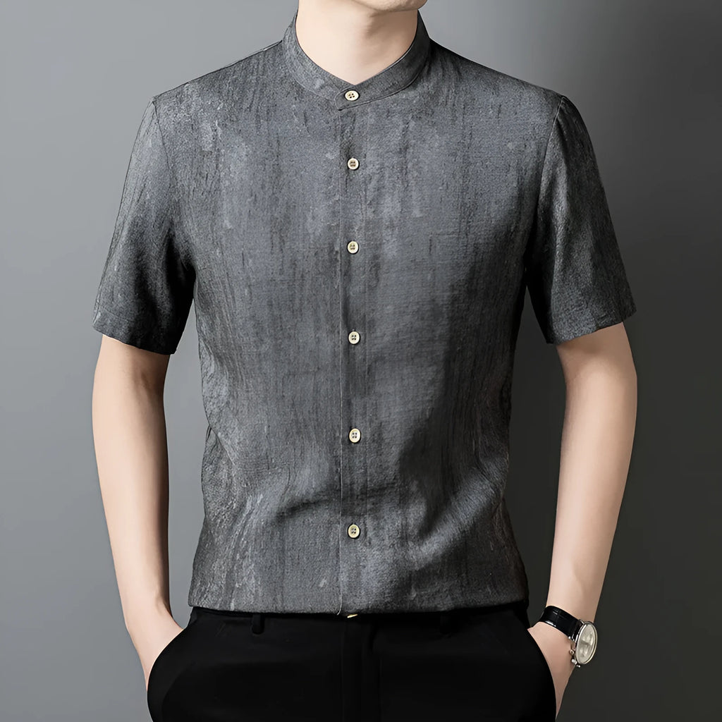 Men's loose fit linen blend shirt with stand collar in neutral colours