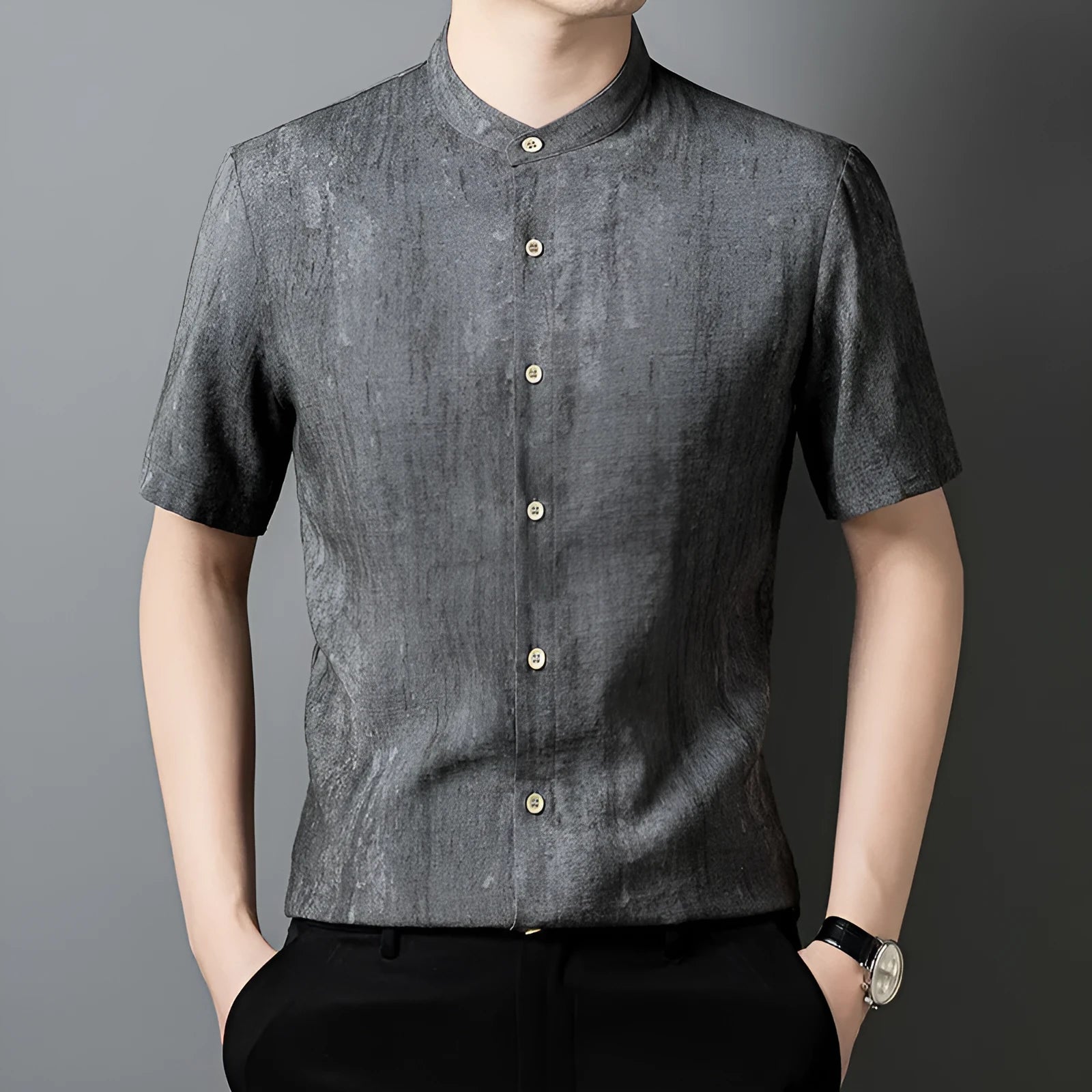 Men's loose fit linen blend shirt with stand collar in neutral colours