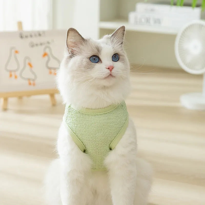 Green knitted cat clothes with hollowed-out design and cartoon bear patch decoration