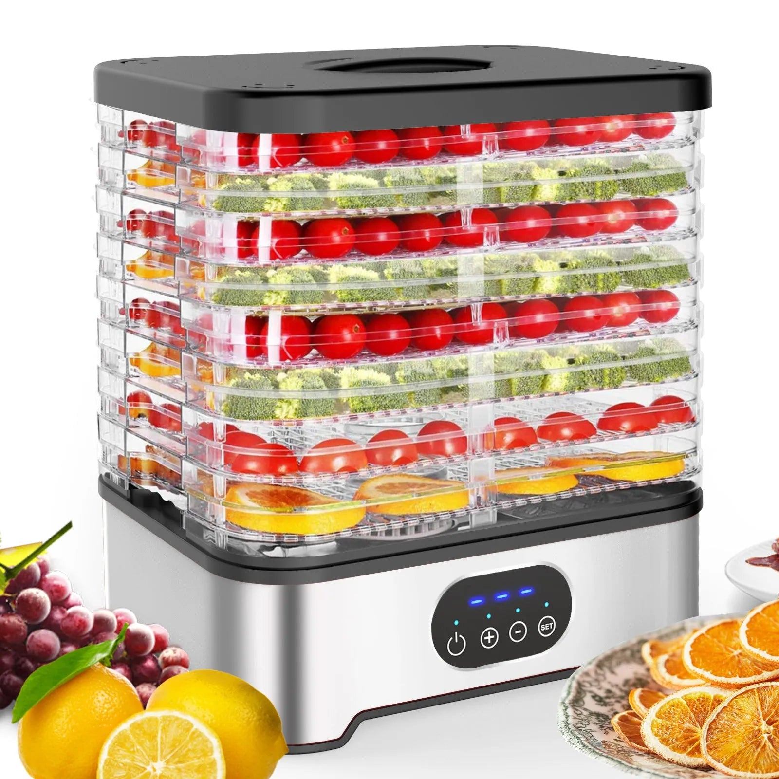 Silver or red 8-layer food dehydrator with 400W power and adjustable temperature control