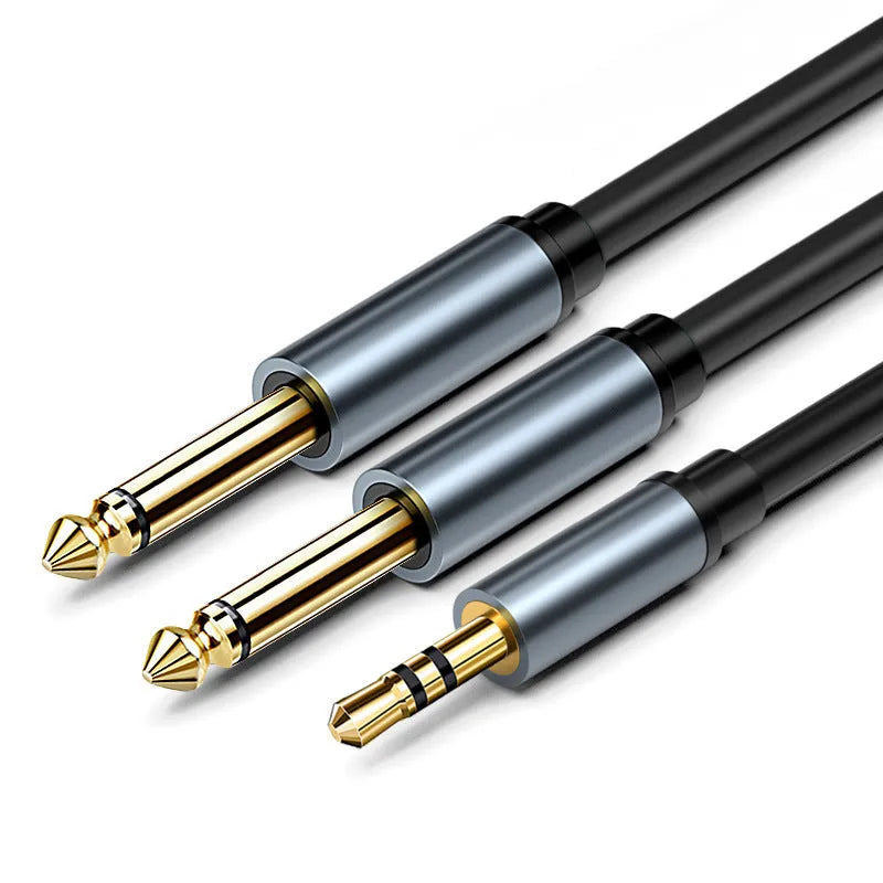 3.5mm to dual 6.5mm audio cable with gold-plated connectors in black PVC finish