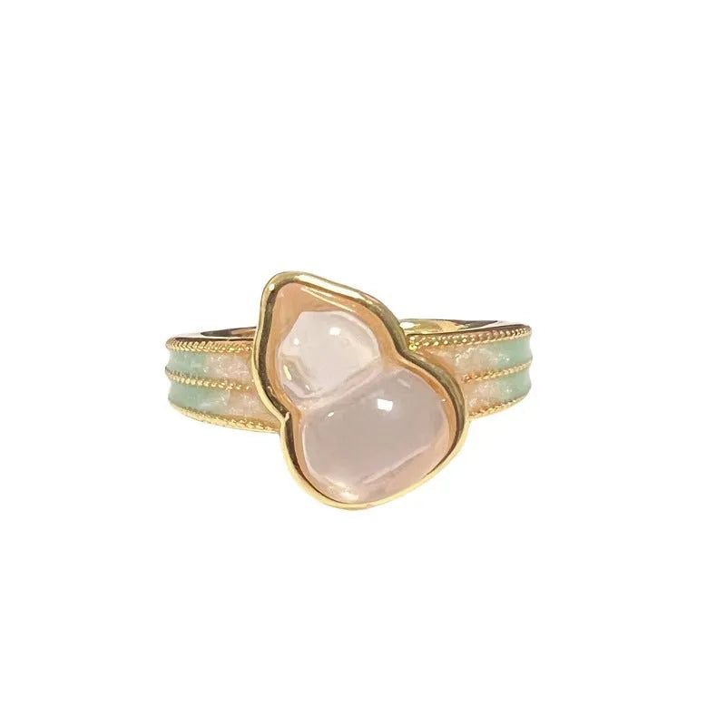 Adjustable vintage copper ring with gourd motif and inlaid zircon stones in New Chinese style.