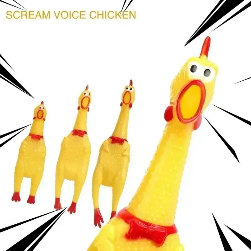 Yellow rubber screaming chicken dog squeak toy shown in small, medium and large sizes
