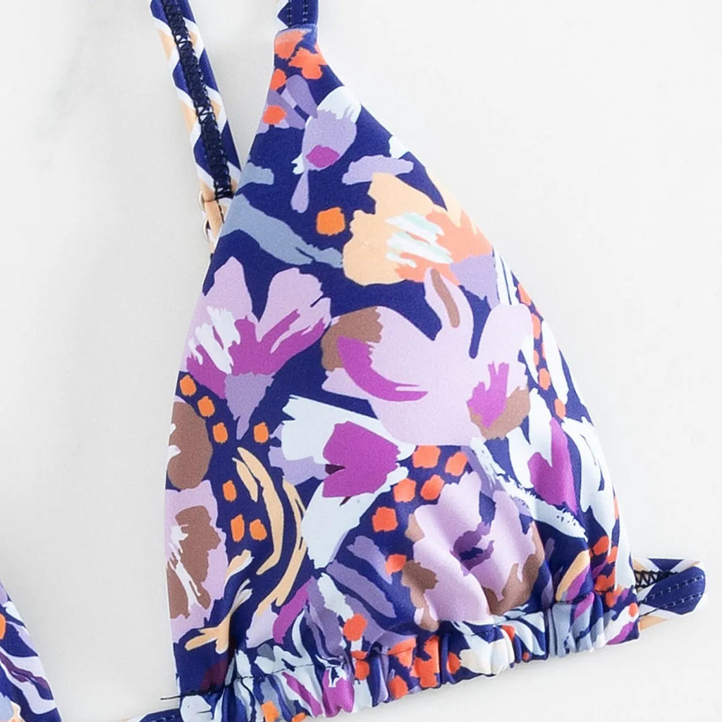 Women's floral print polyester swimsuit with triangle top and matching briefs