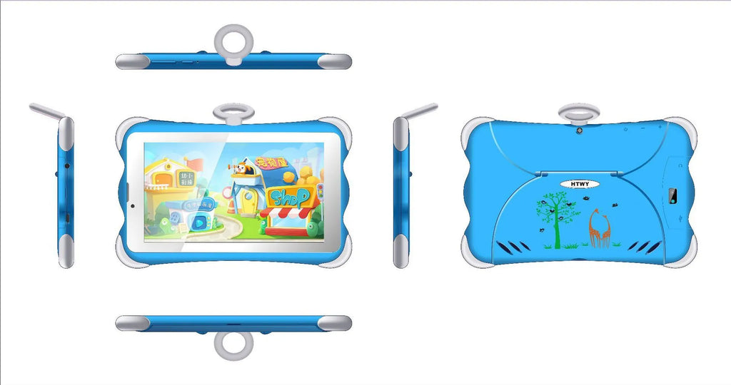 Cartoon-coloured 7-inch children's learning tablet with a protective stand on a table.