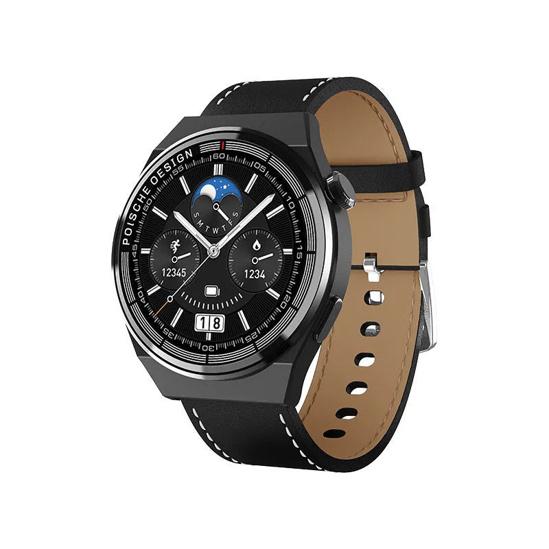 Black Bluetooth smartwatch with a circular 1.39-inch screen on a silicone strap, showing NFC payment and blood glucose monitoring interface.