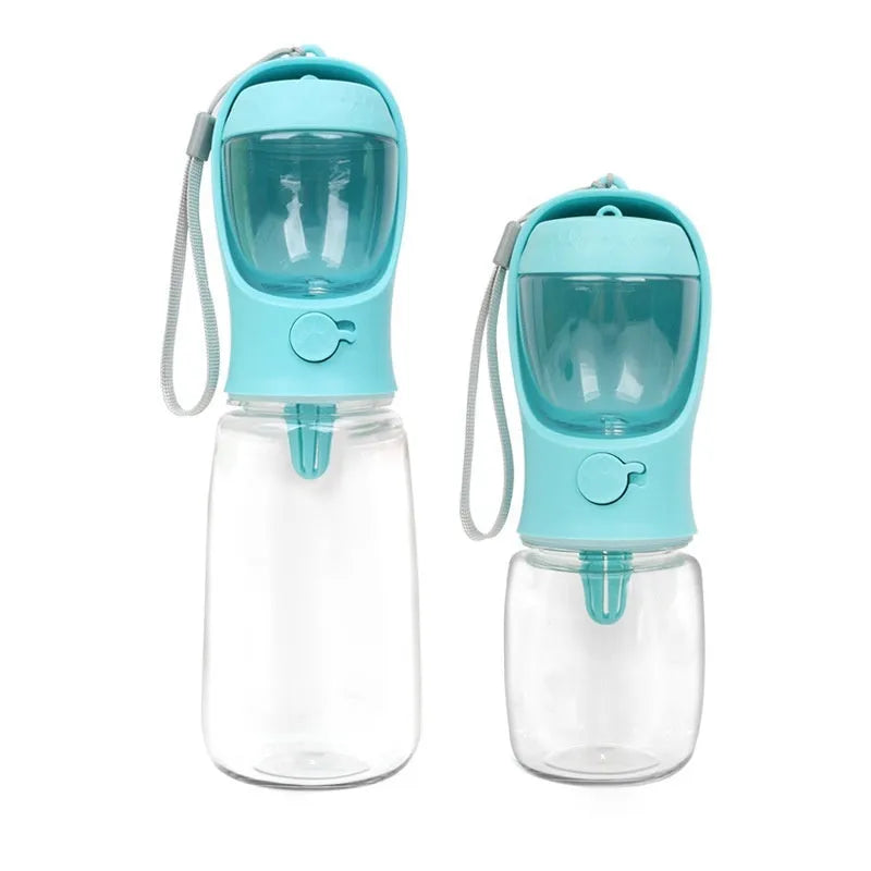 Blue portable plastic dog drinking cup with dual-use design for walks.