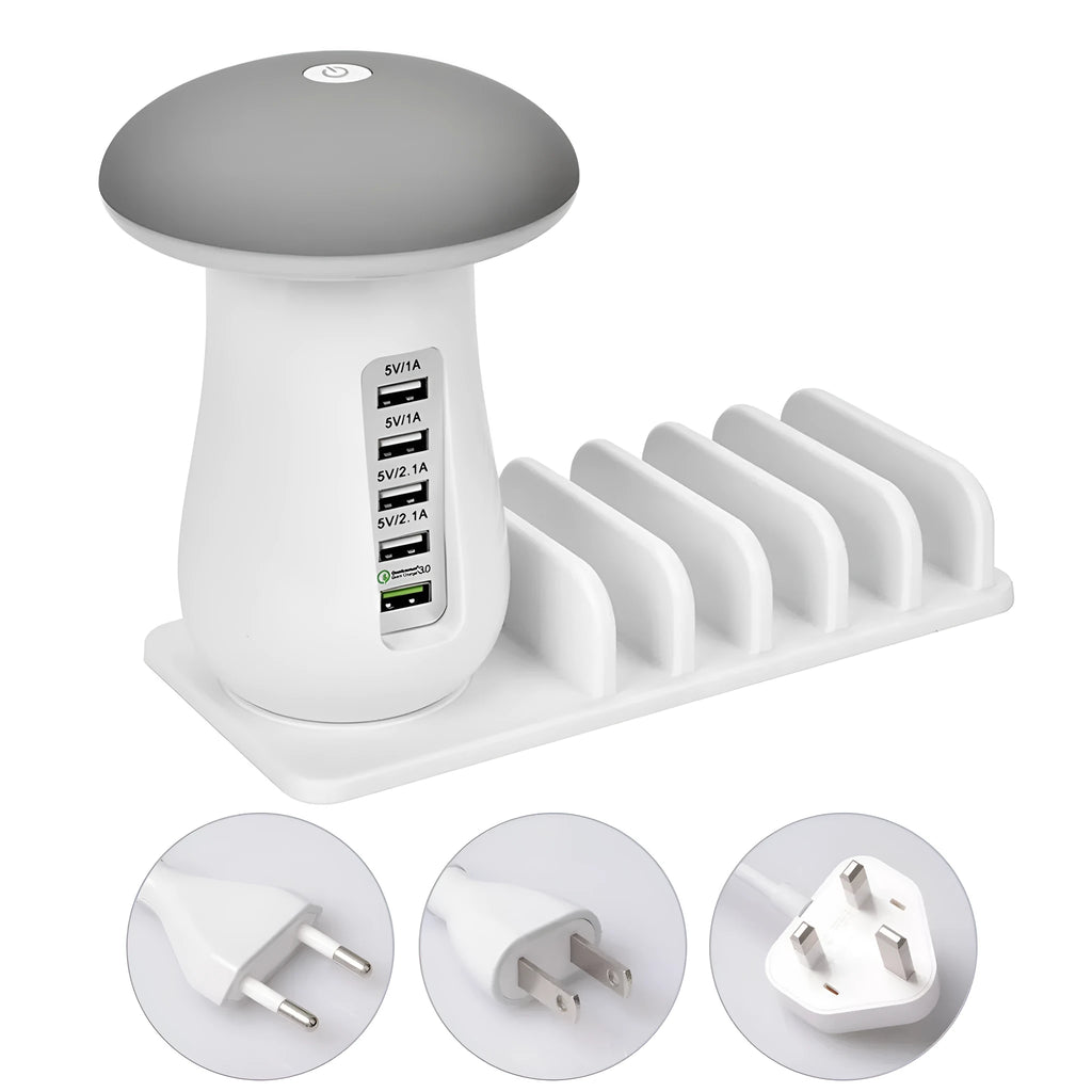 White mushroom LED desk lamp with 5-port USB charging dock station for phones and tablets