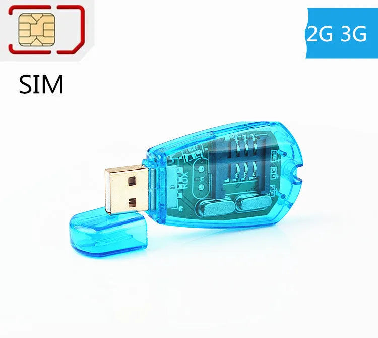 Blue external USB SIM card reader for mobile phone data transfer on a white background