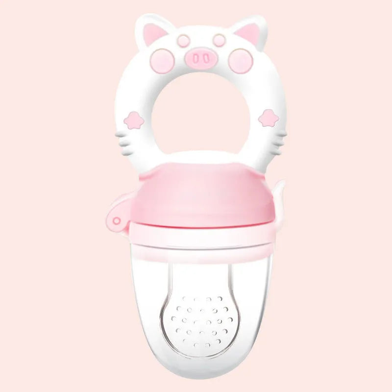 A blue silicone baby teether with three interconnected textured mouthpieces for chewing.