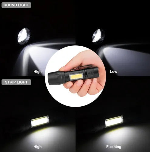 Black aluminium alloy telescopic LED flashlight with pen design and carrying clip