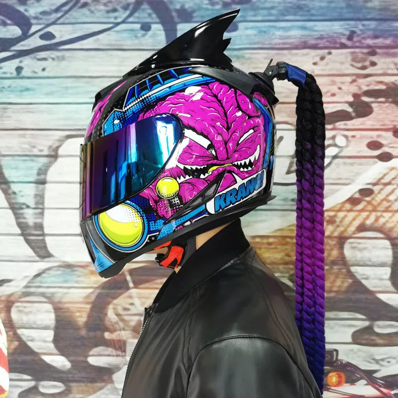 Couples motorcycle helmets with graphic designs in black, blue, and grey colours