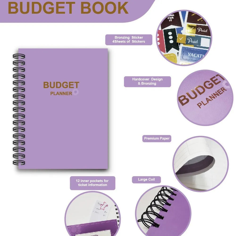 Purple coil-bound A5 financial planning notebook with pen, stickers, and paper clips for monthly budgeting