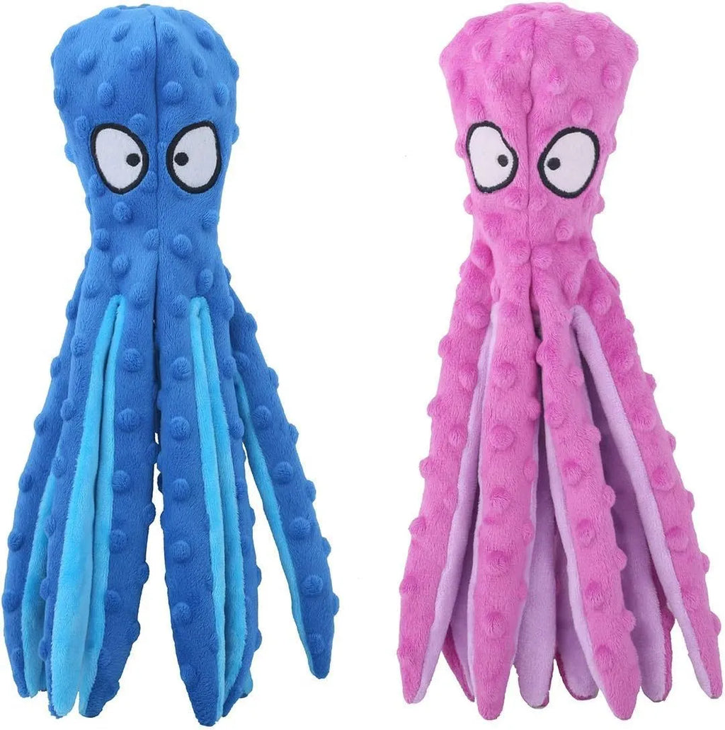 Blue octopus plush dog squeaky toy with no stuffing on a white background.