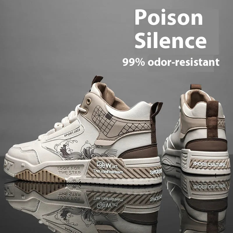 Men's beige high-top board shoes with mesh lining and rubber soles