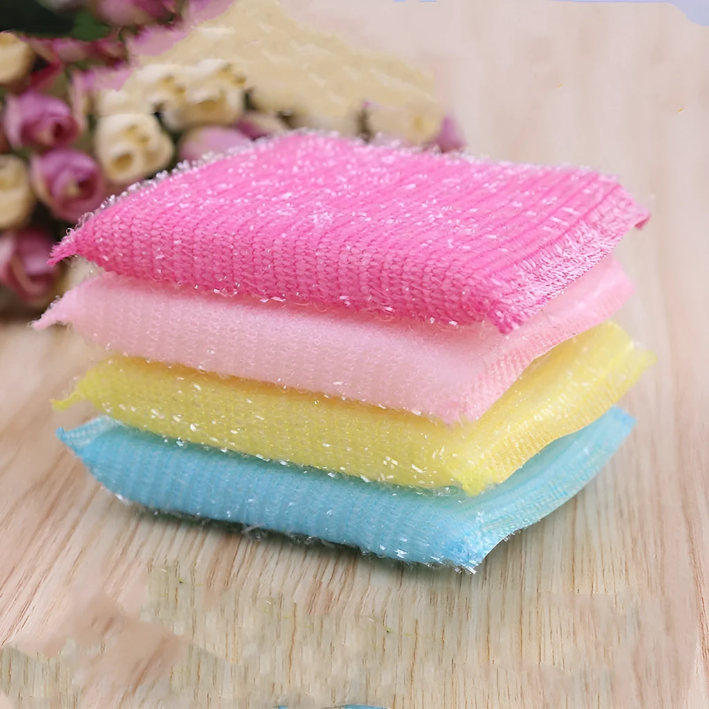 Pinstripe fabric dishwashing sponge mop in a macaron colour with plastic handle, showing sponge head dimensions.