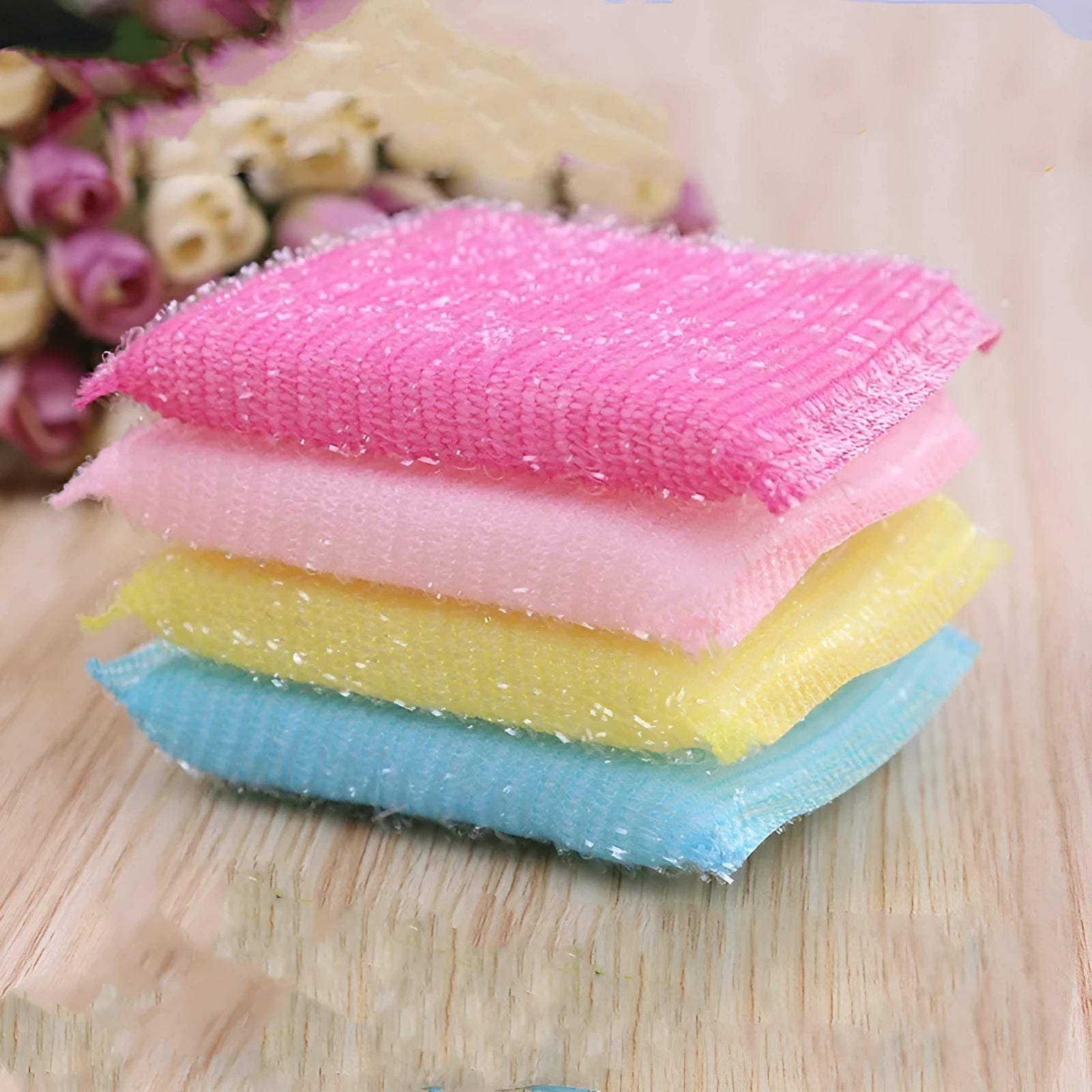 Pinstripe fabric dishwashing sponge mop in a macaron colour with plastic handle, showing sponge head dimensions.
