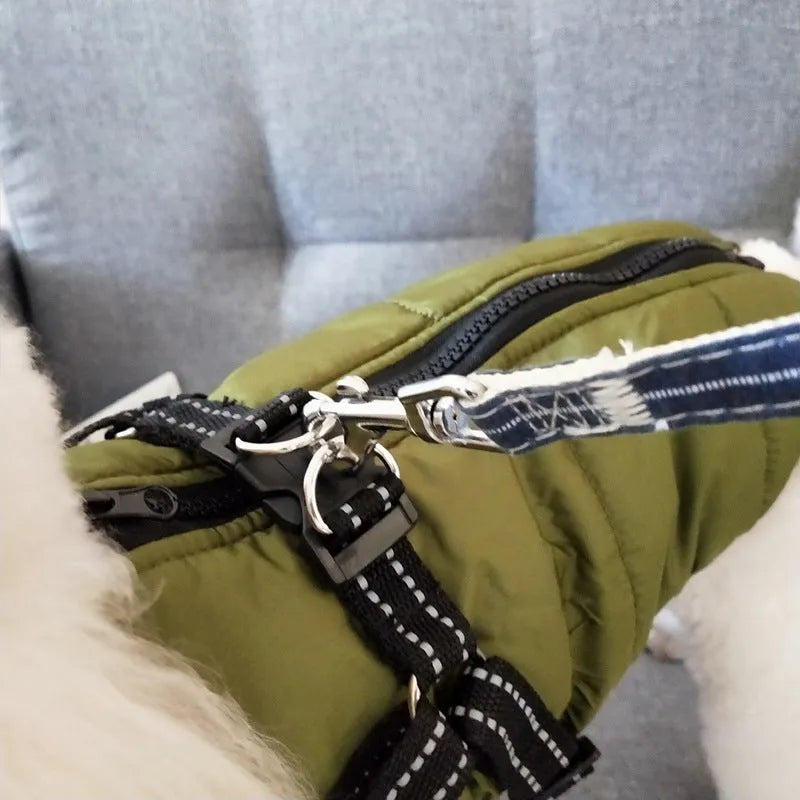 Waterproof dog coat with harness in red, navy blue, or army green, sizes XS to 4XL