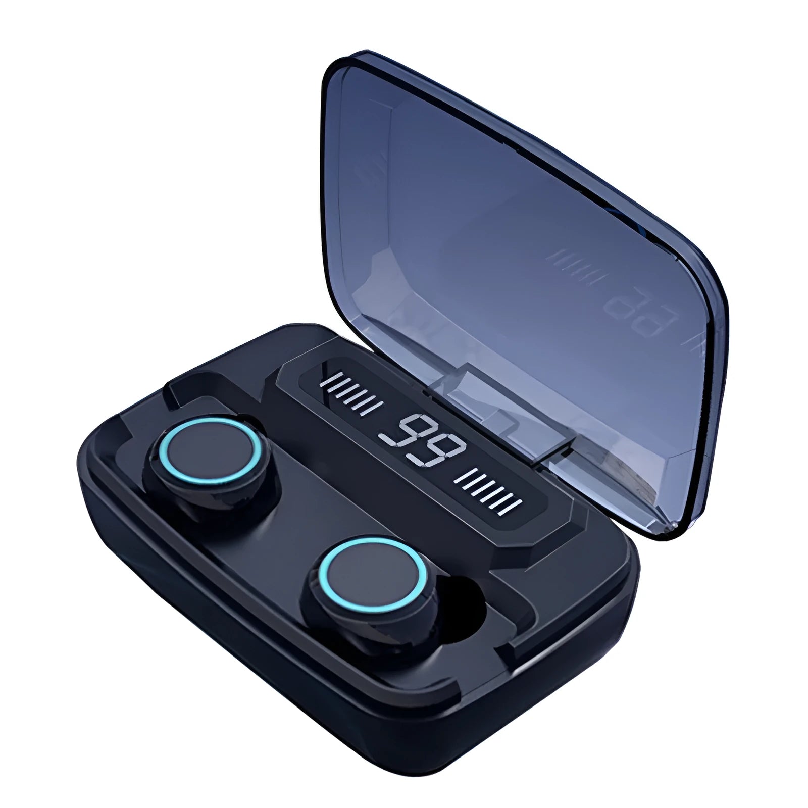 Black M11 Bluetooth wireless headset with charging case and integrated mobile phone holder.