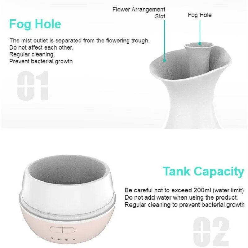 White ultrasonic aromatherapy vase humidifier with colourful LED night light and 200ml water tank.