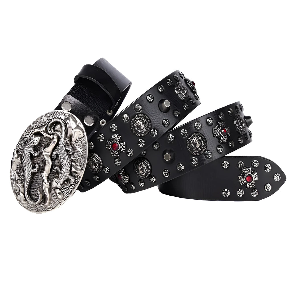 Men's black genuine leather belt with silver punk rivets and an alloy buckle.