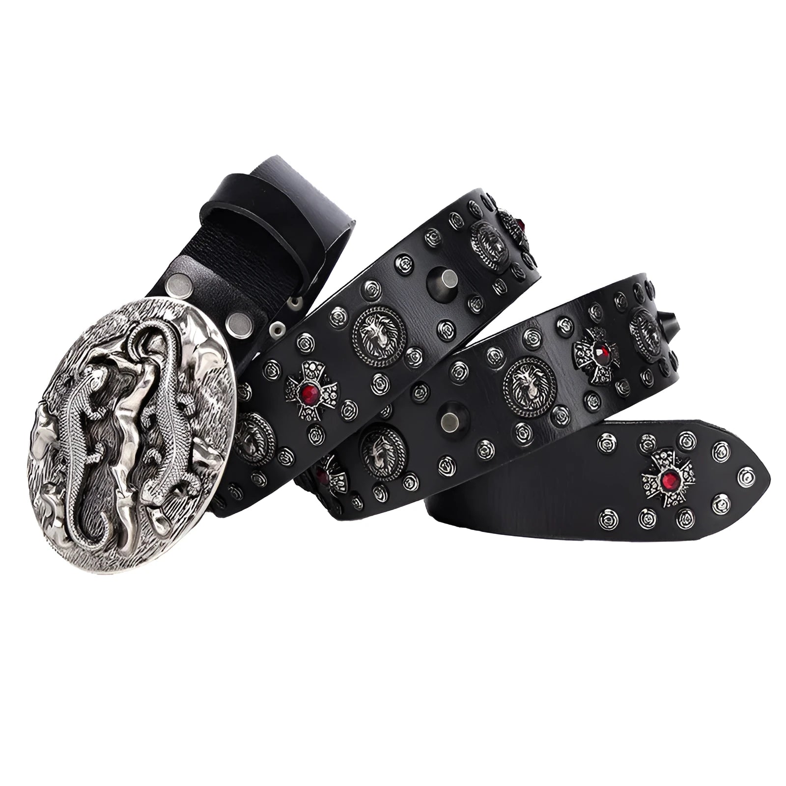 Men's black genuine leather belt with silver punk rivets and an alloy buckle.