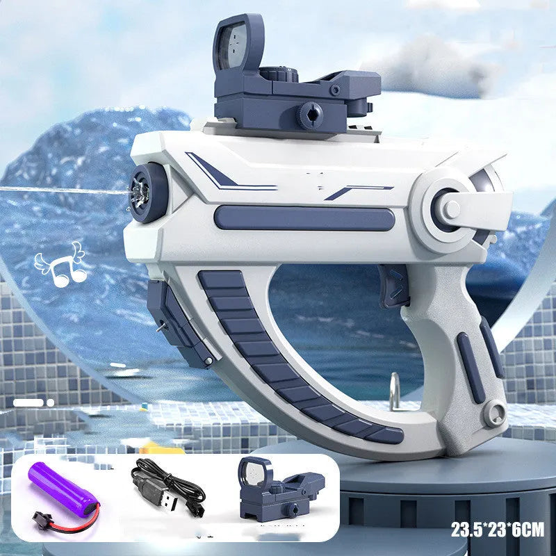 Blue electric Space Water Gun with USB charging cable, shown with water jet, for outdoor pool and beach play.