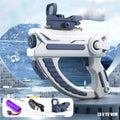 Blue electric Space Water Gun with USB charging cable, shown with water jet, for outdoor pool and beach play.
