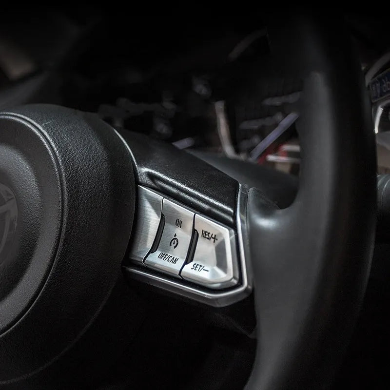 Aluminium alloy decorative stickers for steering wheel buttons in brushed red silver and blue finishes