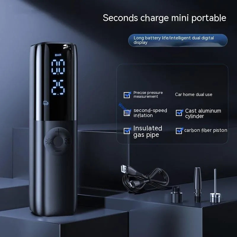 Black portable electric car air pump with tyre pressure gauge and inflation tube