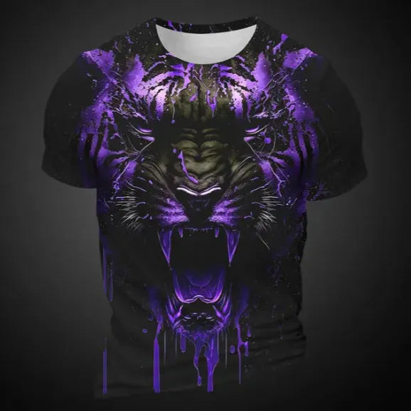 Close-up view of a man's grey T-shirt with a detailed, realistic 3D tiger face print on the chest.