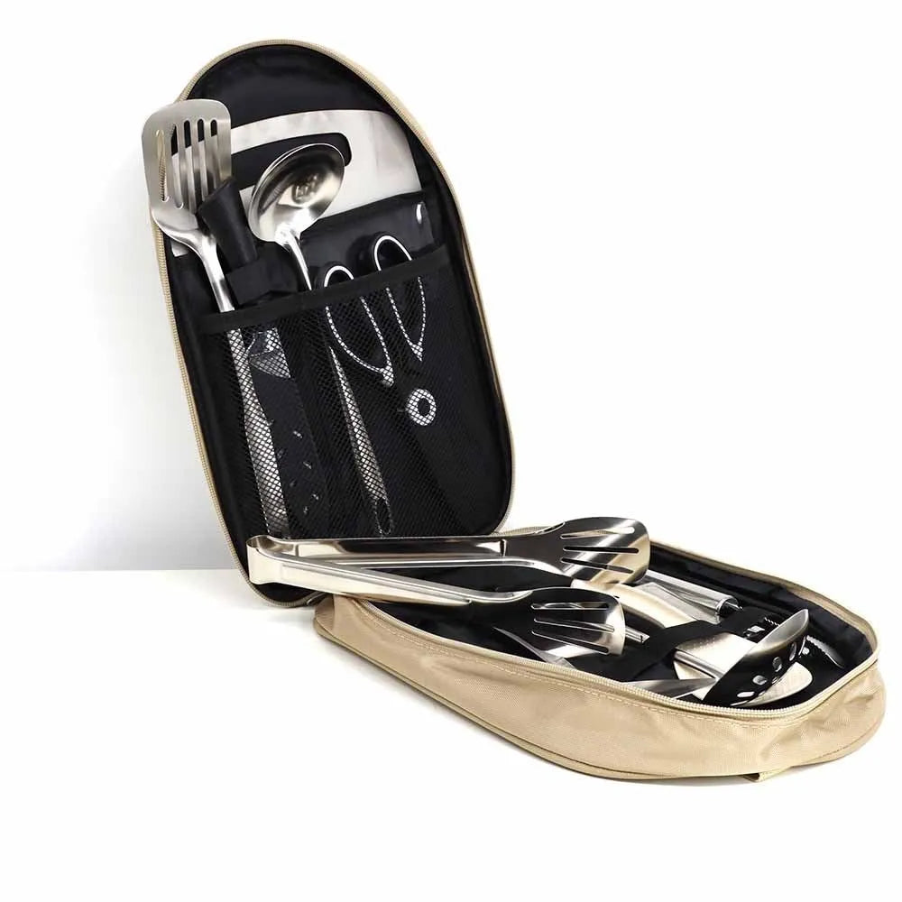 12-piece stainless steel picnic kitchenware set in storage bag