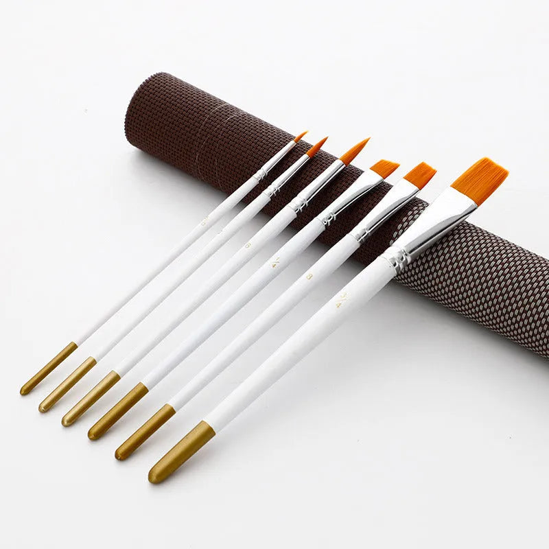 Set of six watercolour acrylic brushes with wood handles in various sizes for painting