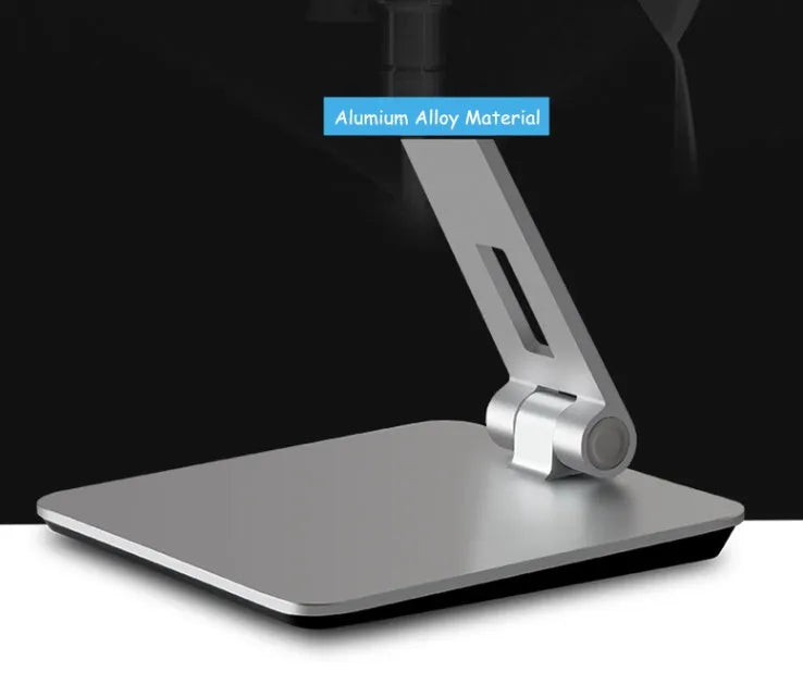 Aluminium folding desktop phone and tablet holder with 360-degree rotation in silver colour