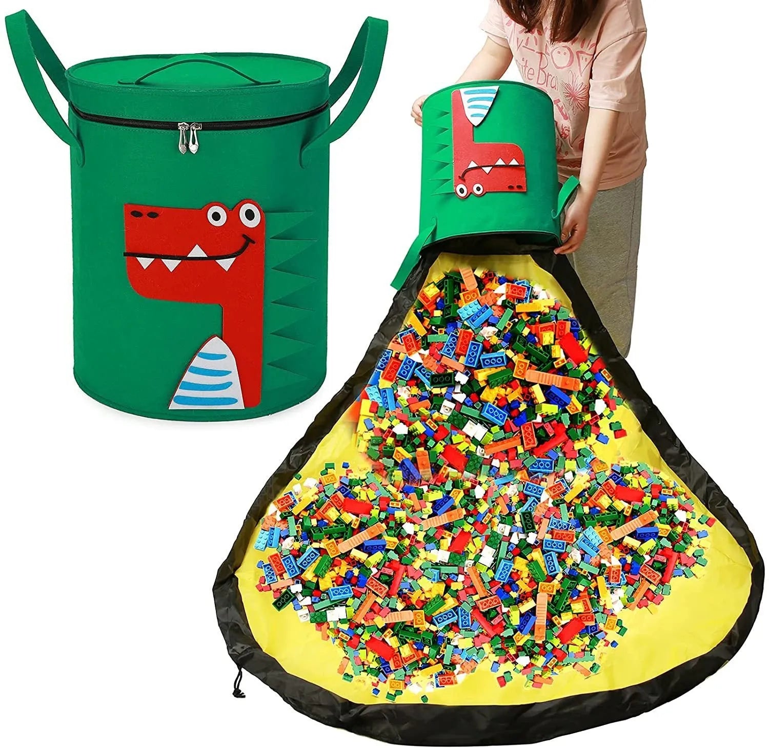 Green felt cube storage bag with pull rope laid flat as play mat for toy organisation
