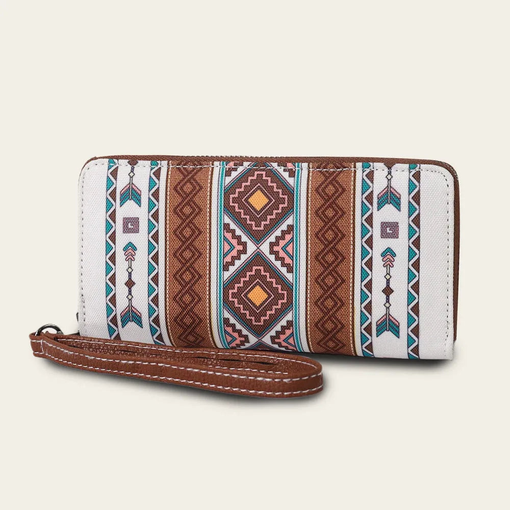 Bohemian wind belt RFID wallet in canvas with stripe patterns showing 20x10x2cm dimensions