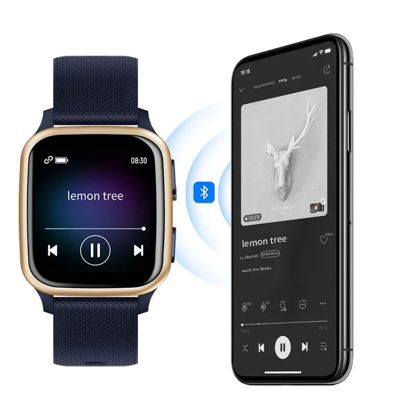 Aluminium alloy smartwatch on wrist showing heart rate and call functions in blue, pink, black, or green.