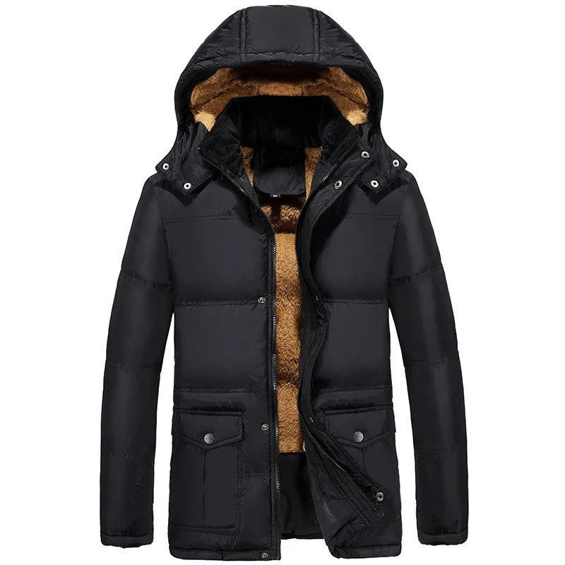 Men's black hooded double-breasted winter padded jacket with velvet lining on a size chart background