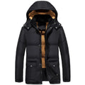 Men's black hooded double-breasted winter padded jacket with velvet lining on a size chart background