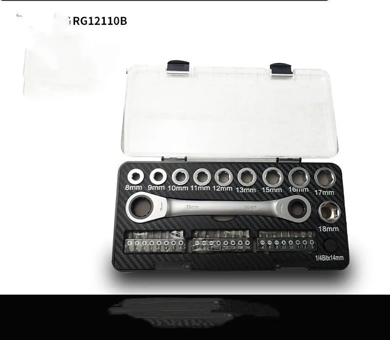 Dual-purpose ratchet wrench and screwdriver tool set with sockets and batch heads
