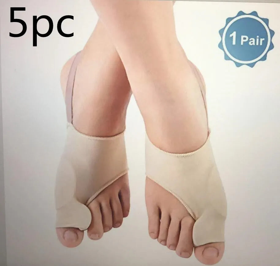 Corrective bunion sock with grey gel pad and silicone toe separator on a stretch fabric base.