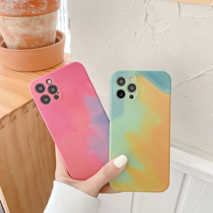 Soft silicone iPhone case with gradient geometric abstract oil painting design in blue colour